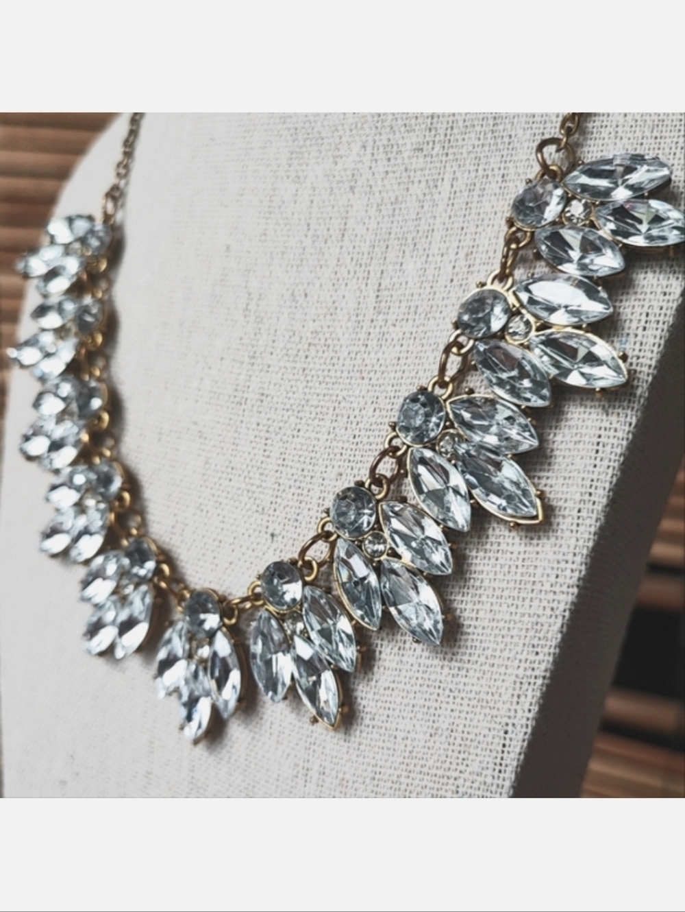 Heavy Yellow Gold Tone Plating Marquis Rhinestone Statement Necklace Unsigned